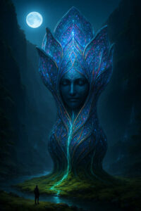Eine monumentale, weiblich anmutende Figur erhebt sich in einer dunklen Schlucht unter dem Vollmond. Ihr Körper leuchtet in tiefen Blau- und Türkistönen, durchzogen von feinen, lichtartigen Linien. Das Gesicht ist geschlossen und meditativ, fast sakral. Am Fuß der Gestalt steht ein kleiner Mensch, der ihre enorme Größe und spirituelle Präsenz betont.