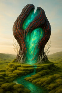 Eine massive, felsartige Formation öffnet sich in der Mitte und gibt einen leuchtend türkisfarbenen Strom frei. Das Wasser fließt sanft durch eine moosige Landschaft. Rötliche Adern im Gestein kontrastieren mit dem kühlen Licht der Quelle. Die Form wirkt zugleich natürlich und fremd. Die Szene vermittelt den Eindruck eines verborgenen Ursprungs von Energie.