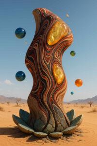 Eine geschwungene, säulenartige Skulptur steht in einer weiten Wüstenlandschaft. In ihrem Inneren schimmern goldene, durchscheinende Einschlüsse. Um sie herum schweben farbige Kugeln in unterschiedlicher Größe. Die Oberfläche zeigt wellenartige Muster in warmen Erdtönen. Das Bild wirkt ruhig, surreal und zeitlos.