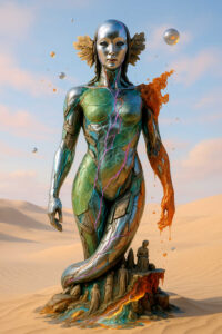 Eine schlanke, metallisch-organische Frauenfigur steht auf einem Sockel in der Wüste. Ihr Körper ist von feinen, leuchtenden Adern durchzogen, während eine Seite zu zerfließen scheint. Kleine menschliche Figuren sind am Sockel versammelt und blicken zu ihr auf. Schwebende Kugeln verstärken den Eindruck einer außerzeitlichen Präsenz.