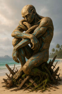 Ein gigantischer, menschenkörperähnlicher Steinwesen ruht geduckt am Strand, als wäre es in tiefe Gedanken versunken. Sein Körper ist durchzogen von blauen und orangefarbenen Rissen, die an versteinertes Holz erinnern. Wurzeln und alte Balken unter ihm deuten auf eine Verschmelzung von Natur und Vergangenheit hin. Hinter der Figur erstreckt sich ein friedlicher Strand mit Palmen und entfernten Felsen im Meer. Die Stimmung ist melancholisch und zeitlos zugleich.