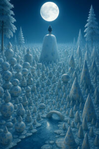 Ein einzelner Mensch steht auf einem hohen, glatten Hügel aus porzellanartigem Material unter einem riesigen Vollmond. Die umliegende Landschaft besteht aus unzähligen weißen, filigran gemusterten Formen, die an Gefäße, Kegel und Türme erinnern. Ein kleiner Fluss fließt durch die bizarre Szenerie, über den eine zarte Brücke führt. Frostige Bäume rahmen die Szene ein und verstärken den traumartigen Eindruck. Die Atmosphäre wirkt kalt, still und vollkommen entrückt.