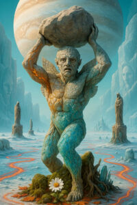 Ein gigantischer steinartiger Titan stemmt einen Felsblock über seinem Kopf, während seine schuppige Haut in Blau- und Erdtönen leuchtet. Hinter ihm schwebt ein planetenähnlicher Himmelskörper über einer gefrorenen Landschaft voller einsamer Statuen. Rote Lavaströme durchziehen den Boden wie pulsierende Adern. Vor seinen Füßen wächst eine einzelne weiße Blume als Symbol stiller Hoffnung.