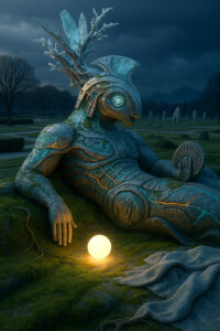 Eine liegende, steinerne männliche Figur mit technomorphen Details ruht in einer parkartigen Landschaft. Vor ihrer Hand leuchtet eine kleine, goldene Kugel auf dem Boden. Bäume, Steine und ferne Formen erzeugen eine sakrale Ruhe. Die Szene wirkt wie ein eingefrorener Mythos zwischen Natur und Maschine.