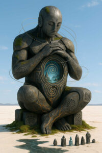 Eine gigantische steinerne Gestalt sitzt im Lotussitz in einer weißen Salzebene. In ihrem Bauch befindet sich ein rundes Fenster, das eine tiefe, spiralförmige Meereslandschaft zeigt. Um sie herum stehen kleine steinartige Figuren wie Pilger. Goldene Linien durchziehen ihren Körper wie uralte Energiebahnen, während vereinzelte Moospolster an ihr haften.