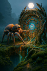 Eine große, flauschige Spinne berührt ein kreisförmiges, ornamentiertes Portal, das in blau-rotem Licht pulsiert. Das Tor ist in einen Baumstamm eingelassen, umgeben von Masken und verwachsenen Gesichtern. Aus den Rissen des Bodens fließen leuchtende Energien, die in die Tiefe stürzen. Über der Szene schwebt ein Vollmond, der alles in ein geheimnisvolles Blau taucht.