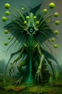 Eine pflanzenartige, humanoide Gestalt erhebt sich aus moosigem Boden. Leuchtend grüne Kugeln schweben an langen, organischen Ausläufern um den Körper. Im Zentrum des Wesens glimmt ein kühles, inneres Licht. Das Bild verbindet Natur, Fremdheit und eine stille, außerirdische Präsenz.