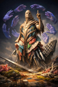 Eine humanoide Gestalt in kunstvoller, mosaikartiger Rüstung steht in einer zerklüfteten Landschaft. Um sie schweben zahlreiche leuchtende Hände in unterschiedlichen Gesten. Der Boden wirkt fragmentiert wie ein Schachbrett oder Schaltkreis. Die Szene vermittelt Macht, Ordnung und metaphysische Kontrolle.