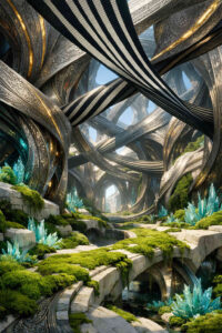 Eine komplexe Struktur aus verschlungenen, ornamentierten Bögen überspannt eine grüne Landschaft. Schwarze und helle Streifen durchziehen die Architektur wie gespannte Bänder. Kristallartige Pflanzen wachsen entlang der Wege. Die Szene wirkt wie eine Mischung aus Kathedrale, Garten und Maschine.