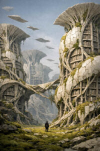 Hohe, turmartige Steinstrukturen wirken wie organische Bibliotheken, überwachsen von Wurzeln und Moos. Zwischen den Gebäuden schreitet eine einzelne menschliche Figur durch eine grüne Schneise. Schwebende Steinplatten verstärken den fremdartigen Eindruck. Architektur, Natur und Wissen scheinen untrennbar miteinander verwoben.