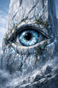 Ein gigantisches Auge ist in eine steinerne Felswand eingelassen und scheint die Umgebung zu beobachten. Blitze durchziehen den Fels und lassen Risse leuchten. Nebel und Wolken umgeben den Berg und verstärken die mystische Wirkung. Das Auge reflektiert Licht in irisierenden Farben. Die Szene vermittelt das Gefühl einer uralten, bewussten Macht.