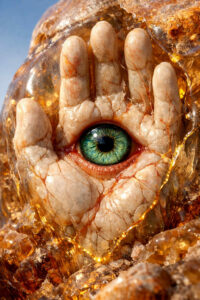 Auge im Bernstein der Erinnerung Alt-Text: Eine steinerne Hand mit einem geöffneten Auge in der Handfläche scheint in bernsteinartigem Material eingeschlossen zu sein. Feine Risse, Adern und mineralische Strukturen verleihen dem Objekt eine organisch-fossile Anmutung. Das Auge blickt lebendig und wach aus der erstarrten Materie heraus. Die Darstellung verbindet Natur, Körperlichkeit und etwas Archaisches.
