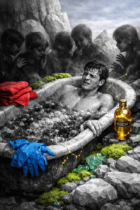 Ein Mann sitzt erschöpft in einer steinernen Wanne voller dunkler Flüssigkeit. Um ihn herum stehen schemenhafte Kinderfiguren, die wie Erinnerungen oder Beobachter wirken. Farbige Gegenstände wie Handschuhe, Tücher und eine Medizinflasche setzen gezielte Akzente. Die Szene wirkt rituell und schmerzhaft. Heilung erscheint hier als Zwang statt als Erlösung.