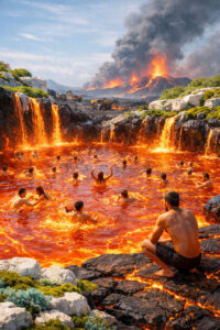 Eine Gruppe von Menschen badet in einem brodelnden Lavasee, während im Hintergrund ein Vulkan ausbricht. Flammen, Rauch und glühendes Gestein dominieren die Landschaft. Maschinen und Fahrzeuge stehen scheinbar gleichgültig am Rand der Katastrophe. Die Szene verbindet archaische Ekstase mit moderner Zerstörungskraft.