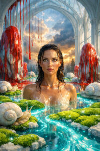 Eine Frau steht bis zur Brust in leuchtendem Wasser in einer gläsernen Halle. Rote, flüssige Massen tropfen von säulenartigen Formen herab. Schnecken gleiten über moosbewachsene Steine im Vordergrund. Die Szene wirkt zugleich sinnlich, verstörend und rituell gereinigt.
