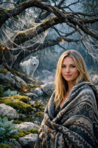 Eine Frau steht an einem moosigen Bachlauf unter knorrigen Bäumen. Spinnweben glitzern im gedämpften Licht, während ein weißer Wolf im Hintergrund auftaucht. Kleine Lichtpunkte verstärken die märchenhafte Stimmung. Die Szene wirkt still, geheimnisvoll und beschützend.