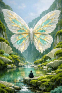 Eine riesige, schimmernde Schmetterlingsgestalt schwebt über einem stillen Fluss. Ein Mensch sitzt meditierend auf einem Felsen und blickt zur Erscheinung auf. Die Flügel leuchten in zarten Türkis- und Goldtönen. Die Szene wirkt wie eine Vision von Erleuchtung und innerem Gleichgewicht.
