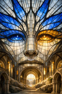 Ein monumentales Gesicht aus buntem Glas dominiert den Innenraum einer kathedralartigen Architektur. Die Augen leuchten in Blau und Gold, während sich darunter ein gewölbter Gang aus Stein öffnet. Licht fällt durch das Glas und erzeugt eine ruhige, ehrfürchtige Stimmung. Die Szene erinnert an eine Verbindung aus sakraler Architektur und abstrakter Bewusstseinsdarstellung.
