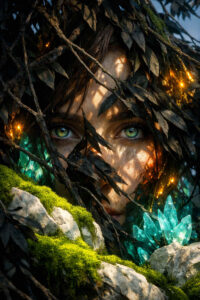 Eine Frau blickt durch Zweige, Blätter und leuchtende Kristalle hervor. Grünes Moos und Edelsteinstrukturen rahmen die intensiven Augen ein. Warmes Licht dringt durch das Dickicht. Die Szene wirkt verborgen, wachsam und magisch aufgeladen.