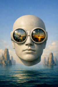 Ein schwebender, steinerner Kopf trägt eine Brille, deren Gläser jeweils eine Uhr mit Meereslandschaft zeigen. Die Zeiger stehen auf unterschiedlichen Zeiten. Im Hintergrund ragen Felsen aus dem Wasser. Wahrnehmung, Zeit und Realität überlagern sich in einem surrealen Porträt.
