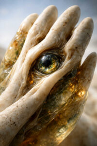 Eine steinerne Hand hält ein Auge, das zwischen organischer Oberfläche und kristalliner Struktur eingebettet ist. Goldene und bernsteinartige Materialien durchziehen das Objekt. Der Fokus liegt auf Textur, Detail und dem intensiven Blick des Auges. Die Szene vermittelt das Gefühl von Wahrnehmung, Bewusstsein und innerem Sehen.