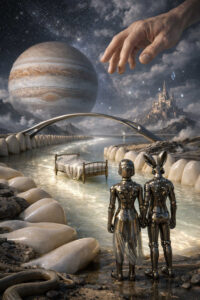 Zwei humanoide Roboter stehen Hand in Hand am Rand eines leuchtenden Flusses. Über ihnen schwebt ein riesiger Planet am Sternenhimmel. Eine menschliche Hand greift von oben in die Szene ein. Ein Bett steht mitten im Wasser wie ein verlorenes Objekt. Das Bild verbindet Kosmos, Intimität und Schöpfungssymbolik.