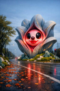 Eine monumentale, blütenartige Skulptur mit kindlichem Gesicht steht mitten auf einer regennassen Straße. Das Gesicht leuchtet rot und ist von steinernen Blütenblättern umgeben, die wie organische Architektur wirken. Nasse Fahrbahn, Herbstlaub und Straßenlaternen spiegeln das Licht und verstärken die surreale Stimmung. Die Szene verbindet urbane Realität mit märchenhafter Fremdheit und stiller Bedrohung.