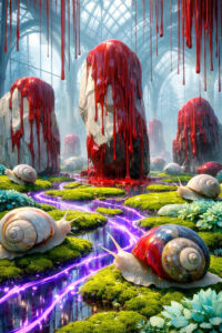 Große aufrechte Steine stehen in einer gläsernen Halle und sind von herabfließender roter Flüssigkeit überzogen. Riesige Schnecken kriechen durch eine moosige Landschaft, durchzogen von leuchtenden violetten Linien. Wasser, Pflanzen und Architektur verschmelzen zu einer fremdartigen Szenerie. Die Szene wirkt zugleich märchenhaft, unheimlich und biologisch-alienhaft.