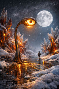 Eine hohe, augenförmige Struktur aus Metall erhebt sich aus einer vereisten Schlucht. Das leuchtende Auge reflektiert sich im gefrorenen Boden und im Wasser darunter. Ein einzelner Mensch steht dem Objekt gegenüber, klein und still. Der Vollmond und der Sternenhimmel verstärken die unheimlich-ruhige Atmosphäre.