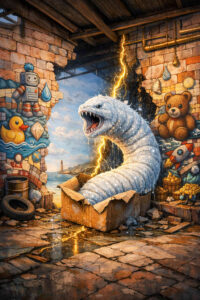 Ein weißes, monsterartiges Wesen mit aufgerissenem Maul erhebt sich aus einem Karton. Ein Blitz durchzuckt seinen Körper und verbindet ihn mit der Umgebung. Die Wände sind mit kindlichen Wandbildern geschmückt: Roboter, Spielzeug, Bären und Raketen. Goldene Flüssigkeit tropft aus Eimern, der Boden ist feucht und zerbrochen. Das Bild kontrastiert kindliche Unschuld mit zerstörerischer Energie.