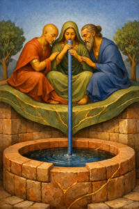 Drei Figuren sitzen über einem gemauerten Brunnen, aus dessen Mitte ein senkrechter Wasserstrahl aufsteigt. Die mittlere Figur trinkt direkt aus der Quelle, während die beiden anderen sie behutsam berühren. Bäume und Himmel rahmen die Szene symmetrisch ein. Das Bild vermittelt Harmonie, Ritual und gemeinsames Vertrauen.