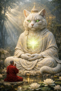 Eine riesige steinerne Katzenfigur sitzt in Meditationshaltung in einem Waldtempel. Aus ihrer Brust strahlt ein helles, lotusförmiges Licht. Ein Mönch kniet ehrfürchtig davor am Rand eines stillen Gewässers. Die Szene verbindet Spiritualität, Ruhe und eine sanfte, mystische Autorität.