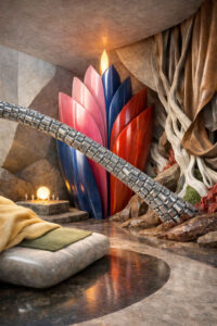 Eine fächerförmige Skulptur aus roten, blauen und weißen Segmenten erhebt sich in einem ruhigen, höhlenartigen Raum. Eine metallische, schlangenförmige Struktur spannt sich bogenförmig durch die Szene. Kleine Figuren versammeln sich um eine leuchtende Kugel auf einer steinernen Plattform. Stoffe, Wurzeln und polierte Steinflächen verbinden organische und technische Elemente zu einem meditativen Innenraum.