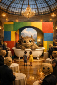 Ein großes, flauschiges Fantasiewesen sitzt in einer Badewanne vor einer bunten Kulissenwand. Zwei Kinder stehen staunend davor, während maskierte Erwachsene an Tischen Champagner trinken. Der Saal ist festlich beleuchtet. Unschuld, Absurdität und gesellschaftliches Ritual treffen aufeinander.