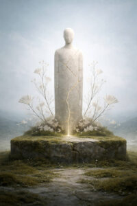 Eine steinerne, menschliche Gestalt steht auf einem runden Podest, durchzogen von einem leuchtenden, goldenen Spalt. Zarte Pflanzen umgeben den Sockel in stiller Landschaft. Die Figur wirkt ruhig und zugleich innerlich aufgebrochen. Zerbrechlichkeit und innere Energie werden sichtbar gemacht.