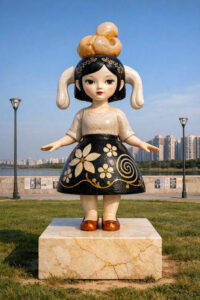 Eine stilisierte Mädchenfigur aus Stein steht auf einem Sockel in einer Parkanlage. Ihr Gesicht ist puppenhaft, die Kleidung ornamental verziert. Im Hintergrund sind moderne Hochhäuser zu sehen. Die Szene verbindet kindliche Unschuld mit urbaner Monumentalität.