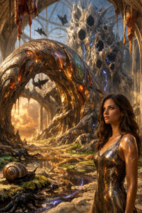 Eine Frau steht in einer riesigen, organisch gewachsenen Halle aus Stein, Metall und Wurzeln. Goldene Lichtadern ziehen sich durch Boden und Wände wie lebendige Energie. Schneckenartige Wesen und Wasserläufe verstärken den Eindruck einer fremden Biosphäre. Die Szene verbindet Architektur, Natur und eine ruhige, suchende Präsenz.