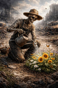 Ein skelettierter Mensch kniet in einer zerstörten Industrie­landschaft und gießt sorgfältig Blumen. Um ihn herum liegen Ruinen, ausgebrannte Fahrzeuge und Rauch. Die Sonnenblumen und Gänseblümchen leuchten farbig im grauen Schutt. Schmetterlinge fliegen über der Szene und setzen fragile Hoffnung frei. Das Bild verbindet Tod, Fürsorge und leisen Neubeginn.