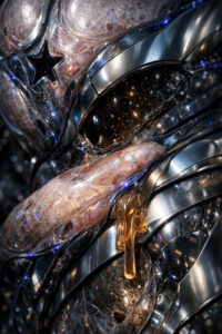 Eine extreme Nahaufnahme zeigt metallische Bögen, transparente Schichten und organische Einschlüsse. In dunklen Hohlräumen funkeln Sterne wie in einem Miniaturuniversum. Flüssige Strukturen verbinden Technik und Gewebe. Das Bild vermittelt den Eindruck von Raumzeit, eingeschlossen in Materie.