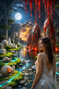 Eine Frau in einem fließenden Kleid blickt über einen surrealen Garten mit Wasserläufen und leuchtenden Schnecken. Rote, tropfende Steinsäulen hängen wie Wunden von der Decke einer ruinösen Architektur. Mondlicht und dramatischer Himmel verstärken die traumartige Atmosphäre. Die Szene verbindet Schönheit, Bedrohung und stille Erwartung.