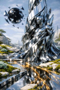 Eine humanoide Figur scheint aus einer glänzenden, zersplitterten Metallstruktur hervorzutreten. Fragmente eines schwarzen, zerbrochenen Globus schweben in der Luft. Wasser, Felsen und Lichtreflexe verstärken den futuristischen Charakter. Das Bild thematisiert Entstehung, Fragmentierung und eine neue, künstliche Existenz.