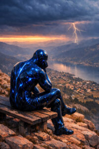 Eine dunkle, humanoide Figur sitzt nachdenklich auf einer Bank hoch über einem Tal. Elektrisch leuchtende Adern durchziehen ihren Körper. In der Ferne erhellt ein Blitz den Himmel über einem See und einer Stadt. Die Landschaft ist weit und ruhig, im Kontrast zur inneren Spannung der Figur. Das Bild wirkt meditativ und zugleich dramatisch.