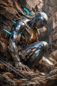 Ein humanoider Roboterkörper ist teilweise in Fels und Trümmer eingewachsen. Blaue und orange Lichtadern leuchten aus Spalten im Metall. Schienen und technische Elemente liegen zerbrochen im Vordergrund. Die Szene zeigt Stillstand, Verletzlichkeit und den Konflikt zwischen Technik und Materie.