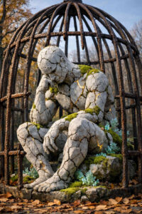 Eine massive, menschliche Steinfigur sitzt zusammengesunken in einem rostigen Metallkäfig. Moos und Pflanzen wachsen auf ihrem rissigen Körper. Feine goldene Adern leuchten in den Bruchstellen des Steins. Die Umgebung wirkt herbstlich, verlassen und von Zeit überwuchert.