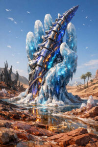 Eine riesige handförmige Struktur aus Eis, Stein und Metall ragt aus einer kargen Landschaft. Leuchtende Adern aus Energie durchziehen das Material. Wasser sammelt sich spiegelnd zu ihren Füßen. Die Darstellung wirkt monumental, kalt und zugleich von innerem Leben erfüllt.