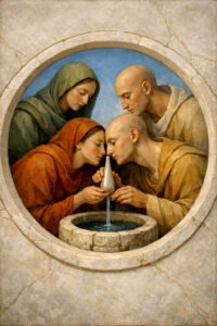 Vier in einfache Gewänder gekleidete Menschen beugen sich gemeinsam über einen steinernen Brunnen. Aus einem schmalen Gefäß fließt Wasser gleichmäßig in das Becken darunter. Die Köpfe sind einander zugeneigt, die Augen geschlossen oder gesenkt. Die Szene wirkt ruhig, intim und von stiller Verbundenheit geprägt.