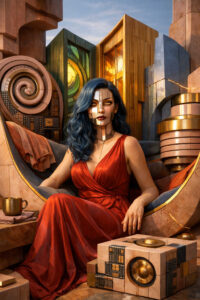 Eine Frau mit ruhigem Blick sitzt in einem architektonisch strengen Raum aus Stein, Metall und Ornamenten. Ihr Gesicht ist in geometrische Flächen unterteilt, die Mensch und Maschine miteinander verschmelzen lassen. Warme Gold- und Kupfertöne treffen auf kühle Strukturen. Die Szene wirkt wie ein stilles Porträt über Selbstkontrolle, Konstruktion und innere Ordnung.