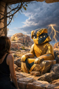 Eine junge Frau steht einer großen sitzenden Statue aus gelbem Stein gegenüber. Die Statue blickt mit ernsten Augen auf sie herab. Im Hintergrund ziehen dunkle Gewitterwolken und Blitze auf. Die Szene wirkt wie ein Moment der Prüfung oder Offenbarung.