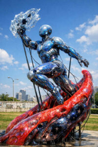 Eine futuristische, humanoide Figur erhebt sich dynamisch über einer organisch wirkenden Basis. Der Körper reflektiert den Himmel und ist von kosmischen Texturen überzogen. Aus der erhobenen Hand scheint eine kristalline Energieform zu wachsen. Die Szene wirkt wie eine Skulptur zwischen Heldentum und Schöpfungsakt.