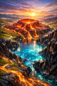 Eine monumentale Landschaft zeigt einen aufgebrochenen Vulkan, aus dem leuchtende Lava in geschwungenen Bahnen fließt. Das glühende Gestein kontrastiert mit einem türkisfarbenen See, der ruhig zwischen steilen Felsen liegt. Der Himmel ist von warmem Sonnenlicht durchzogen und verstärkt die dramatische Stimmung. Die Szene wirkt zugleich archaisch und märchenhaft, als wäre sie der Ursprung einer fremden Welt.